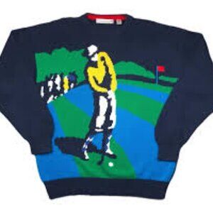 Vintage 80s John Ashford Golf Big Image Golfing Knit Sweater Men's size L Blue